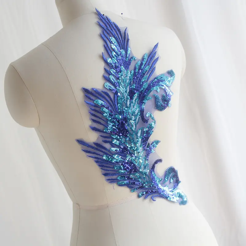LS332 paillettes de polyester bleu brodée, patchs appliqué en dentelle