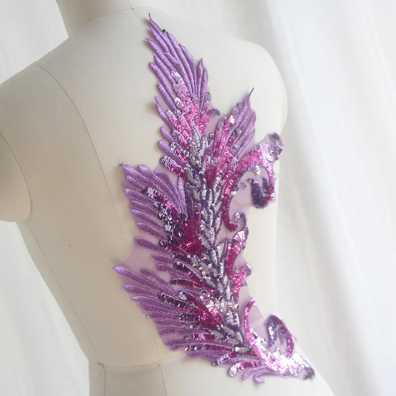 LS332 paillettes de polyester Violet brodée, patchs appliqué en dentelle